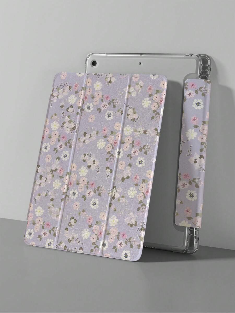 1pc Purple Floral Printed Silicone IPad Protective Case With Pen Slot, Compatible With IPad 9 2022, Apple Air 5/4/3, 9th Generation, Pro 11, 10.2, 2024 Mini 5, And 3-Fold Air 6