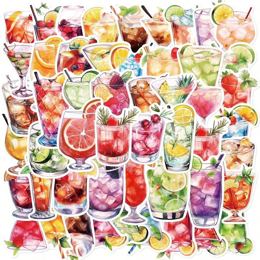 50 piezas de pegatinas de bebidas de cóctel en vinilo para scrapbooking, diario, portátil, parachoques, patineta, botella de agua, ordenador, teléfono, caricaturas, casco, pegatinas y calcomanías para coche con estética.