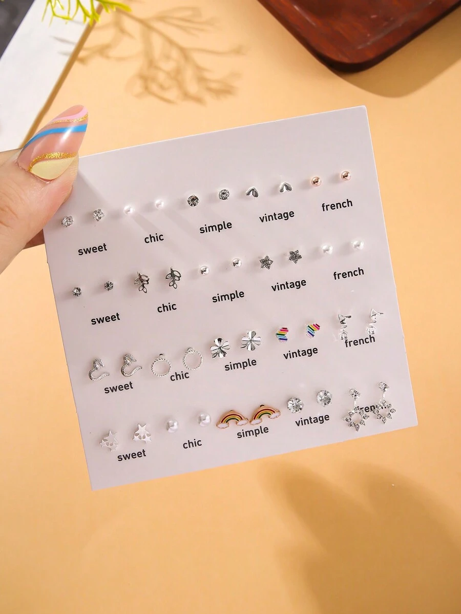 40 Stück zarte kleine Regenbogen-Herz- & geometrische Form Ohrstecker Set für Frauen, geeignet für den täglichen Gebrauch, Partys und als Geschenk