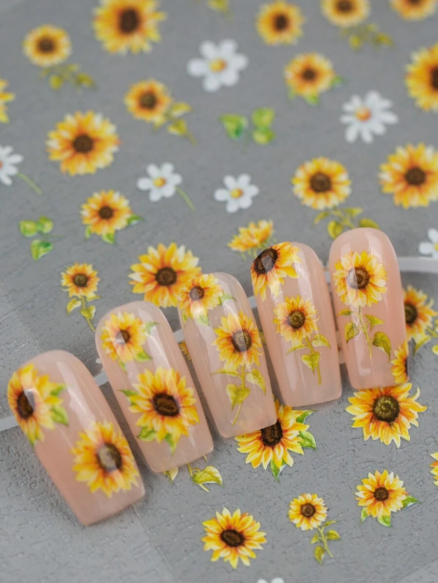 1 pieza de pegatina de uñas grabada en 6D, serie de flores populares de principios de verano, crisantemo, margarita, hojas y otros elementos vegetales, adecuado para que las niñas hagan su propia manicura DIY