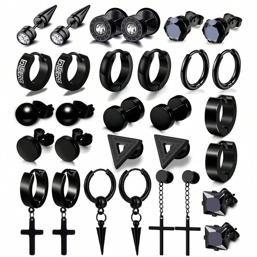 15 Pairs Earrings For Men, Stainless Steel Earrings Kit For Men And Women Fashion Piercing Jewelry Cross Dangle Hoop Earrings Set