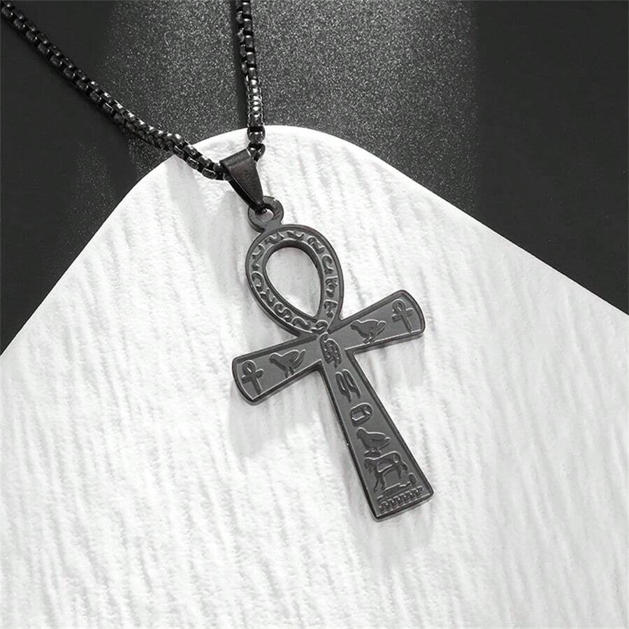 1pc Stainless Steel Ancient Egypt Cross, Ankh Cross Totem Pendant Necklace, Pharaoh Life Key Amulet Jewelry For Men