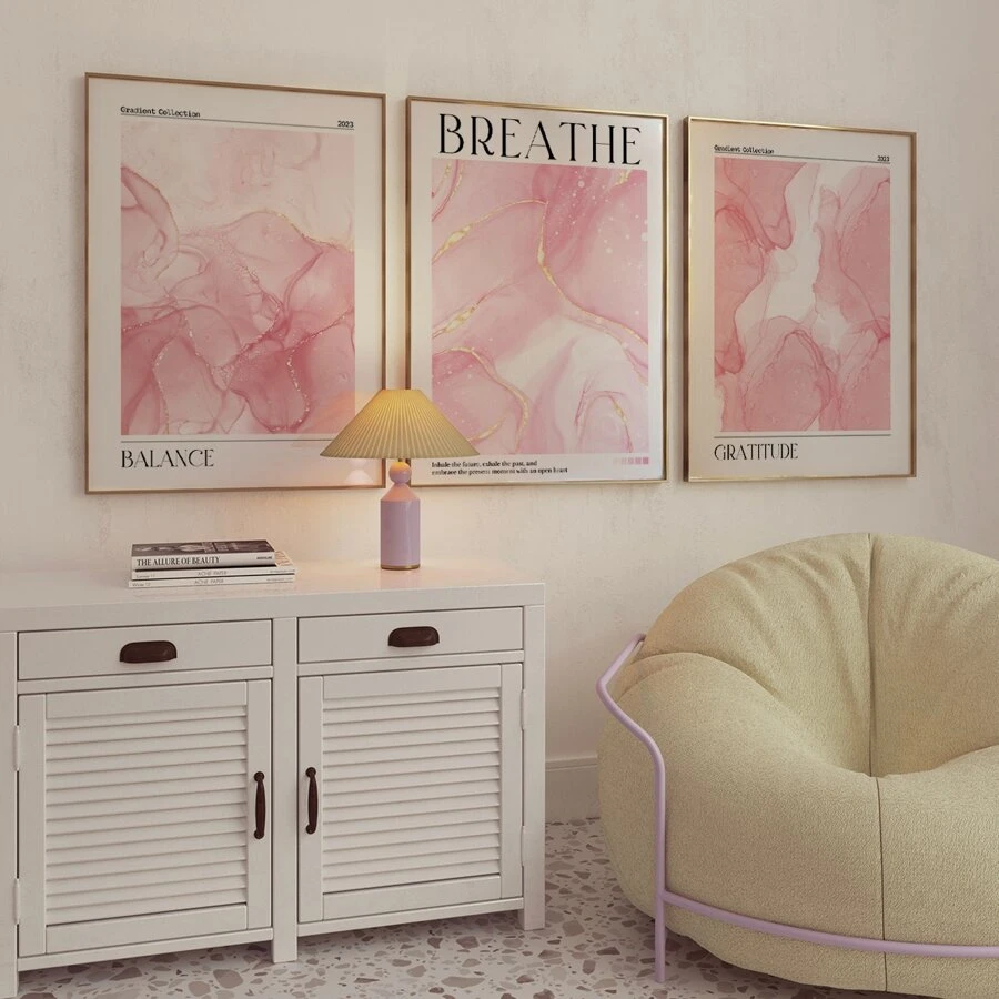 Conjunto de 3 carteles de lienzo abstractos sin marco con mármol dorado y rosa en tonos de rosa, decoración de la habitación rosa, arte de pared impermeable, pintura de arte moderno de regalo para decoración de pared en dormitorio, sala de estar, oficina, comedor, baño, cafetería, bar, decoración de pared del hogar y oficina