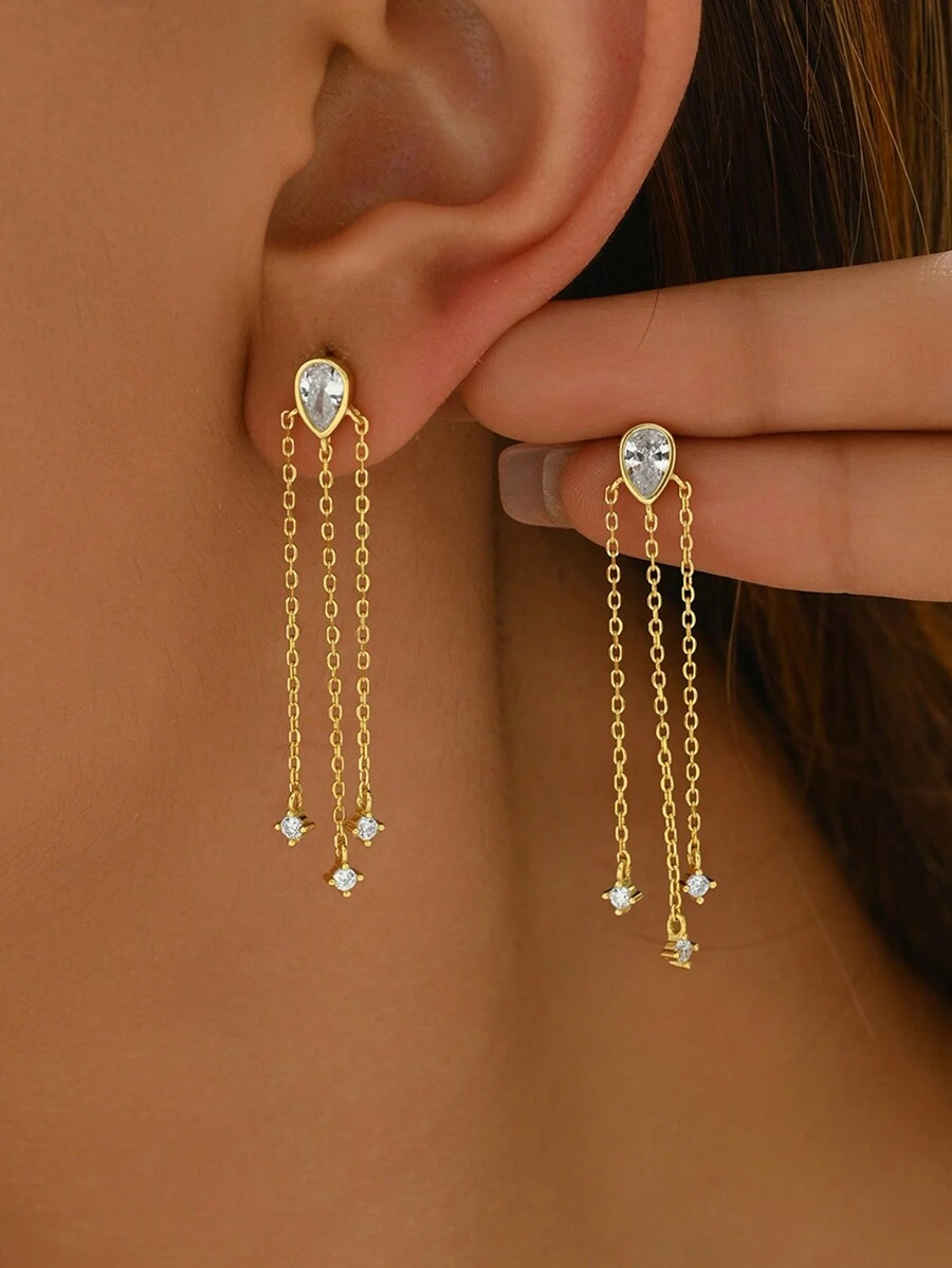1 Pair Of Elegant 925 Silver Long Tassel Pear Shape Zirconia Earrings, Unique Design Ladies Daily Date Party Versatile Jewelry