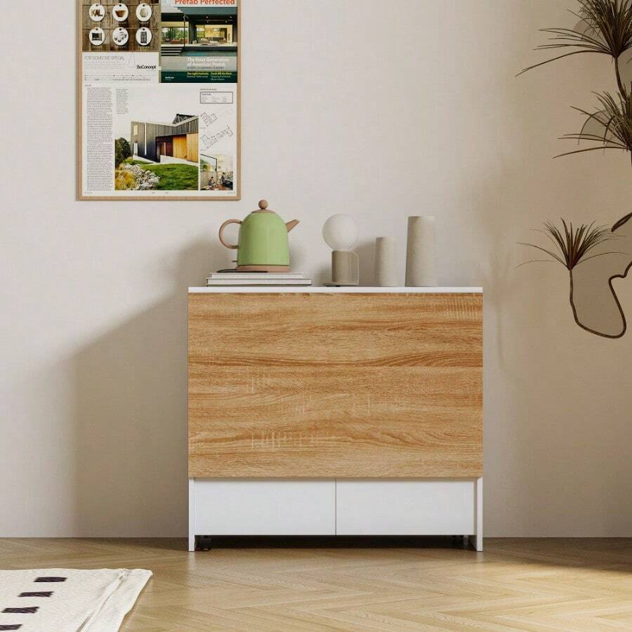 Folding Dining Table, Drop Leaf Dining Table With Wheels And 2-Layer Storage Shelf, Space Saving Dining Table For Small Spaces