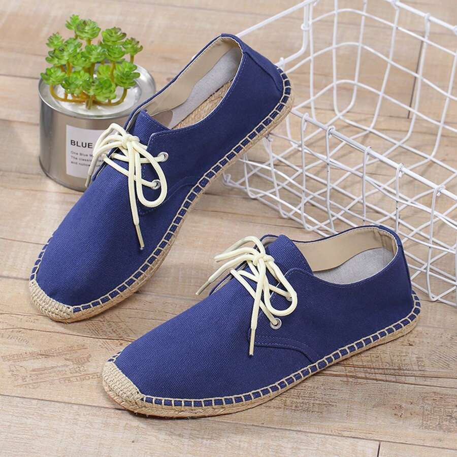 Men Espadrilles Canvas Shoes, Straw Rope Sole, Casual Breathable Woven Flat Shoes. Striped Braided Non-Slip Unisex Lace-Up Rope Sole Fisherman Shoes. (Narrow Toe, Big Feet Recommend Sizing Up One)