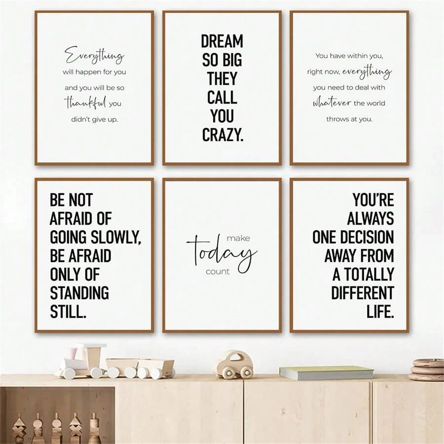 Juego de 6 pinturas inspiradas en citas motivacionales en lienzo en blanco y negro sin marco y con estilo nórdico y carteles de texto para decoración de pared de sala de estar y hogar