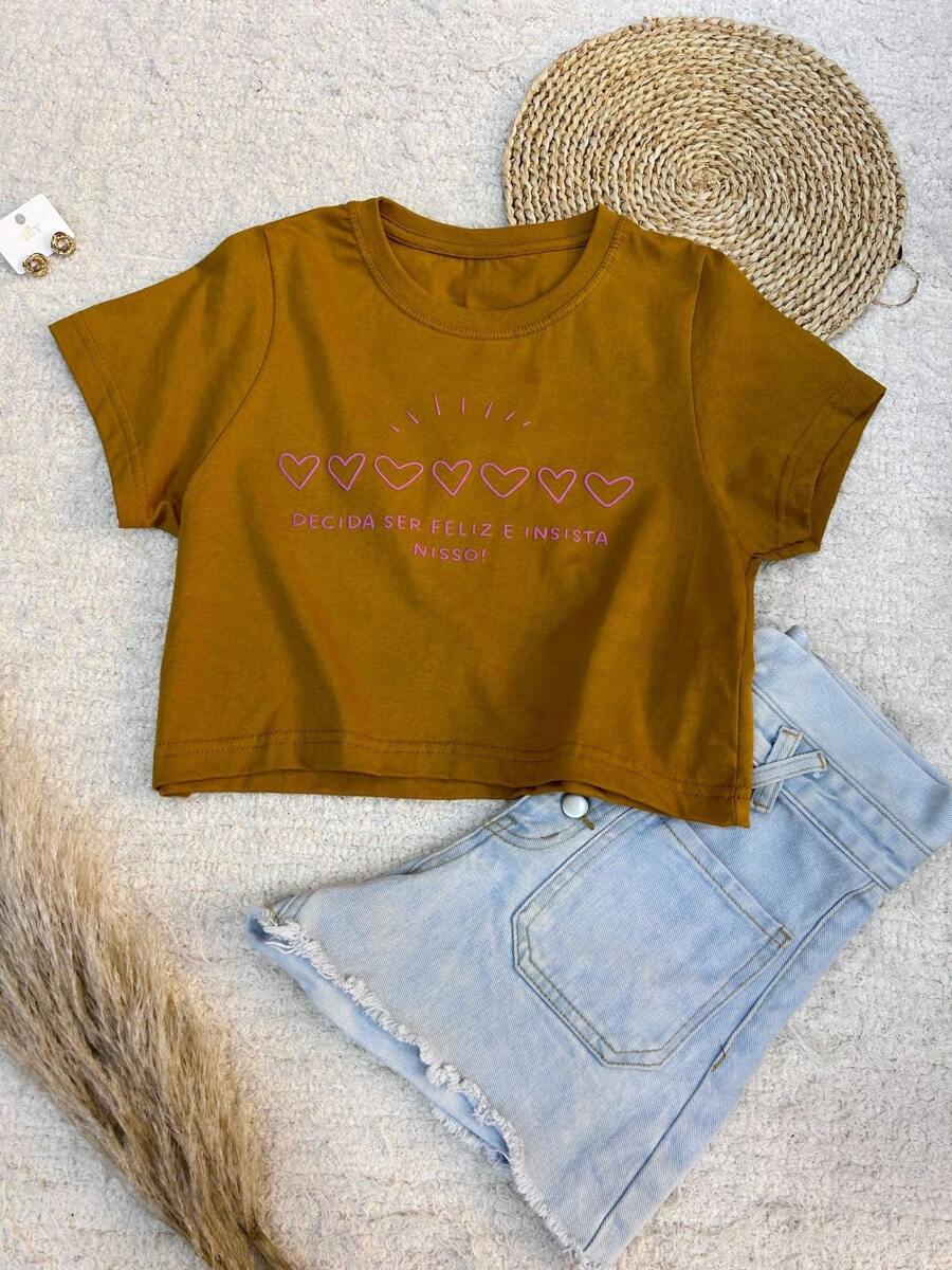 Cropped estilo curto camiseta blusa T-Shirt Feminina Algodão Gola Careca simples confortável "Decida ser feliz e insista nisso!"