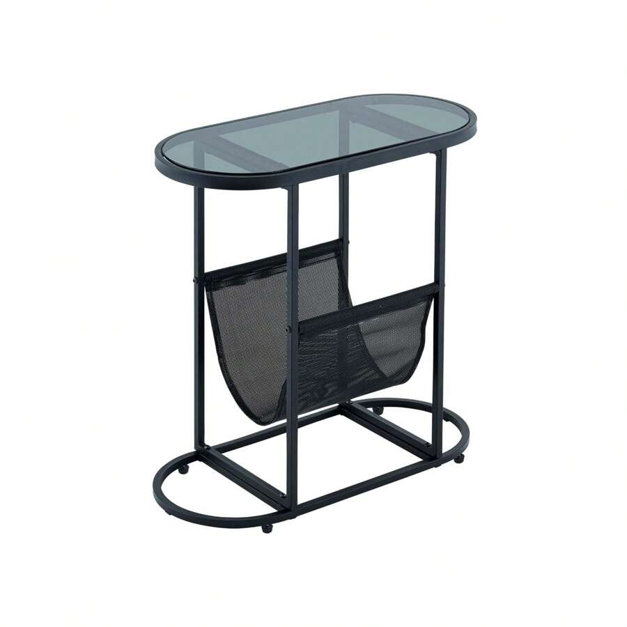 End Table, Small Side Table, Oval Narrow Glass Side Tables Living Room With Magazines Organizer Storage Space, Bedside Table Nightstand For Bedroom