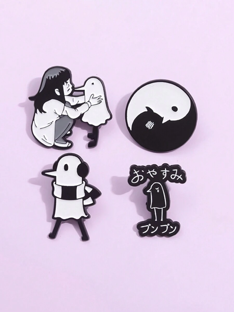 1-4 piezas Broche de esmalte creativo y lindo de niña pequeña con pájaro sin alas, divertido dibujo animado blanco y negro, Yin-Yang, prendedores de pájaro de chismes, accesorios de insignia, decoración de sombrero y mochila, regalos de joyería para amigos, accesorios de vestir diarios, pasador de encanto para ropa, bolsa, escuela, oficina, camisas, chaquetas, Navidad, Halloween
