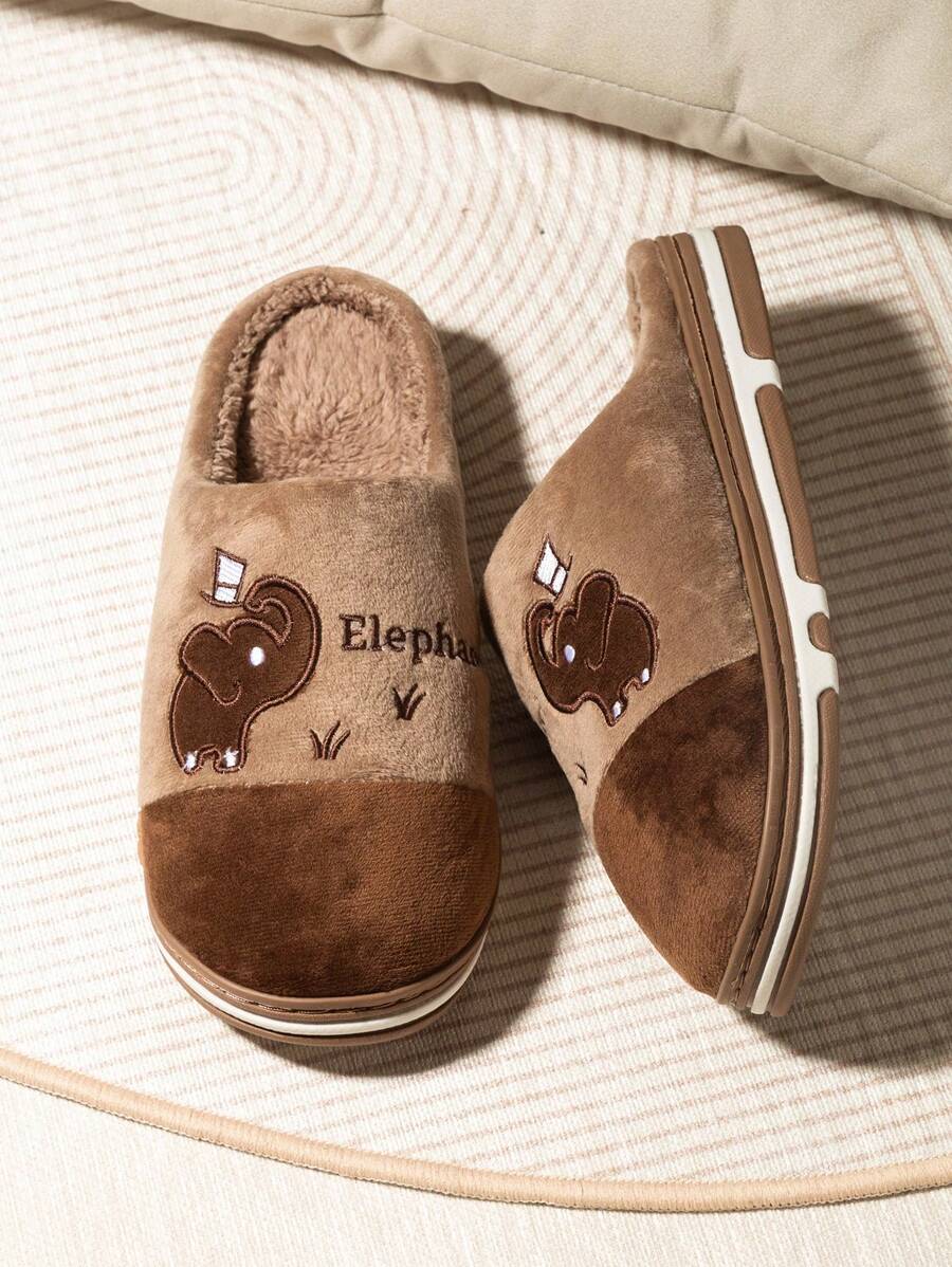 Mini (achetez une taille au-dessus) Mignonnes pantoufles en tricot moelleux avec imprimé éléphant pour hommes, pantoufles thermiques doublées chaudes et antidérapantes pour femme en couple