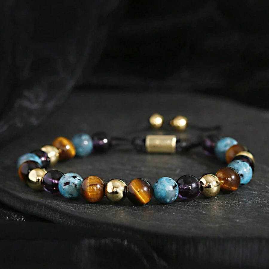 8mm Colorful Natural Stone Beaded Bracelet For Men Stress Relief Tiger Eye Bangle Adjustable