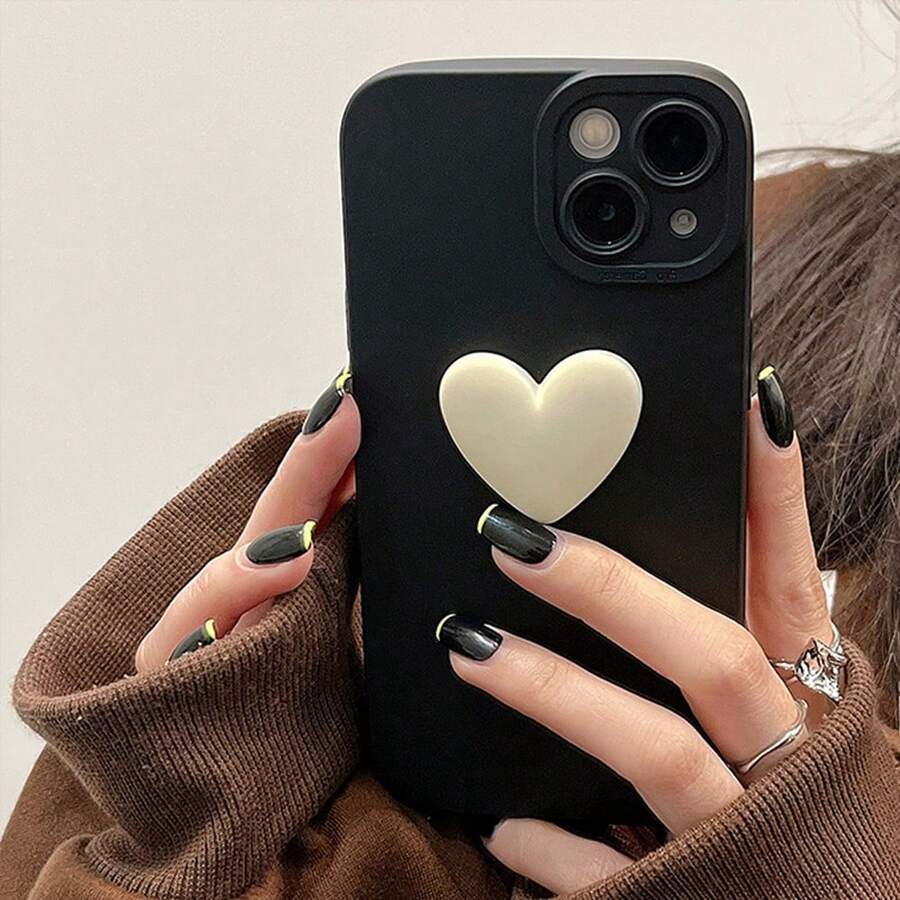 Black 3D White Heart Phone Case Compatible With IPhone 7 Plus/8 Plus/X/XS/XR/XS Max/11/12/13/14/14 Plus/15 Pro/15 Pro Max/15 Plus
