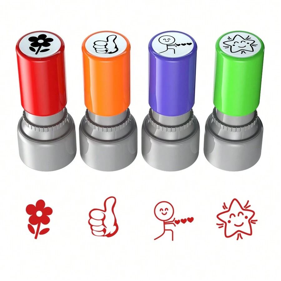 4 piezas surtido de sellos, sello de goma de recompensa de evaluación y motivación con tinta roja, autoentelintados, adecuados para profesores, mini diarios, oficina, lectura, aprendizaje, marcado, vuelta al colegio, útiles escolares