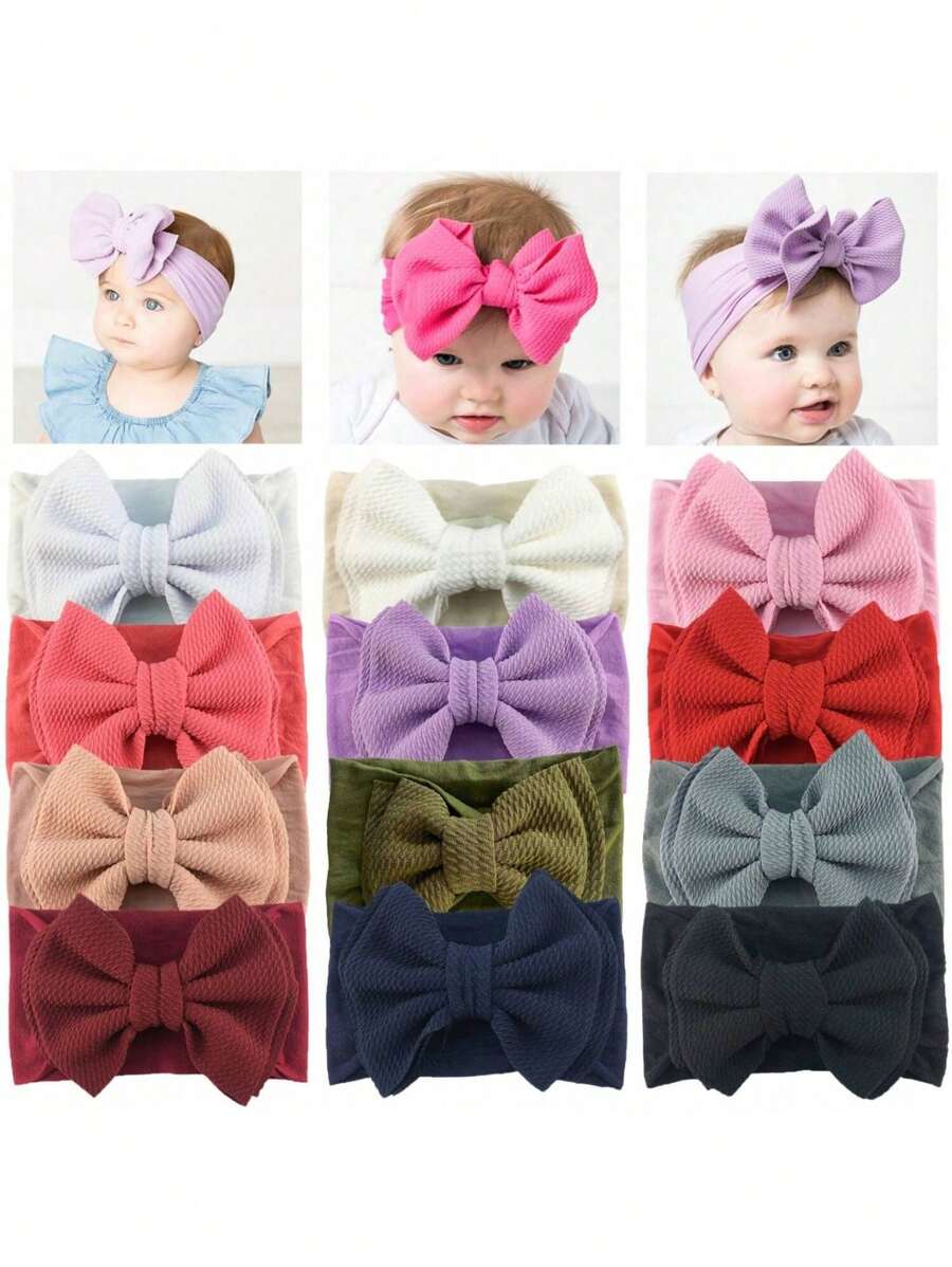 12 Pcs Baby Headbands For Girls Baby Bow Headbands Wide Nylon Headbands New Material Waffle Fabric Hair Bows 4.5 Inch, One Size Fits All Headbands For Babies Toddlers Kids