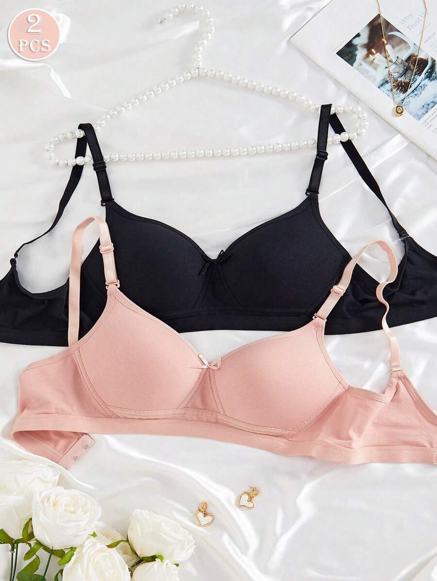 2PCS Lady's Comfortable Wireless Soft Cup Solid Bra, Lingerie