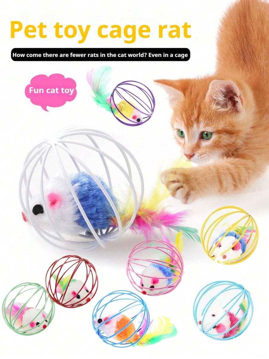 Colorful Feather Painted Iron Cage Pet Cat Toys - Realistic Mouse Shaped Rollers And Caged Mice, Interactive Toys For Cats