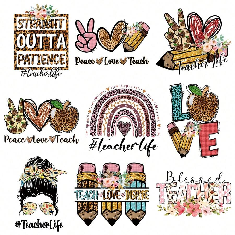9pcs/Set Teacher Style Patch On Clothing Iron On Transfer Stickers On Clothes T-Shirts Jackets Jeans Teacher Life Heat Transfers Sticker For Clothing