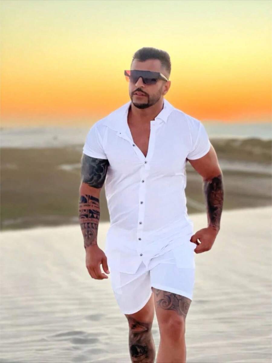 Camisa Conjunto listrada e lisa masculina slim fite Manga curta viscose