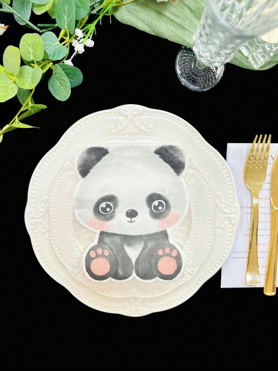 20 pièces de papier mouchoir imprimé avec des motifs de panda de bande dessinée, serviettes asymétriques amusantes pour décoration de fête, papier pour invités à la maison, fête d'anniversaire, restaurant, fournitures de fête