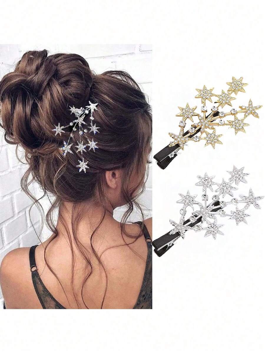 2 piezas Horquillas de metal plateado en forma de estrella hueca de cinco puntas con diamantes de imitación, pasadores de pelo elegantes con forma geométrica, accesorios de moda para el cabello de mujer y niña, Accesorio de tocado dorado con pinzas