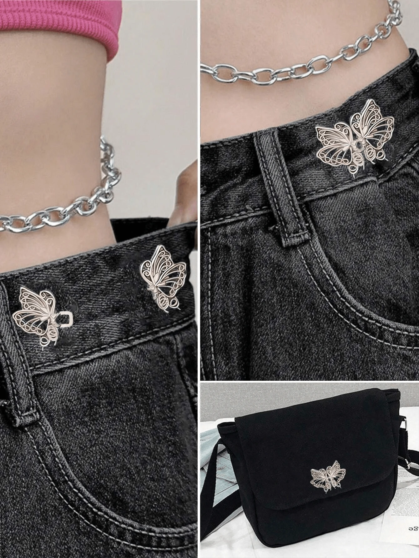1 pieza Hebilla de cinturón hueca con mariposa, clip desmontable duradero y de moda para jeans, faldas, pantalones. Adecuado para estudiantes femeninas, con un broche de imitación de perla, para ajustar el cinturón o usar como accesorio de ropa.