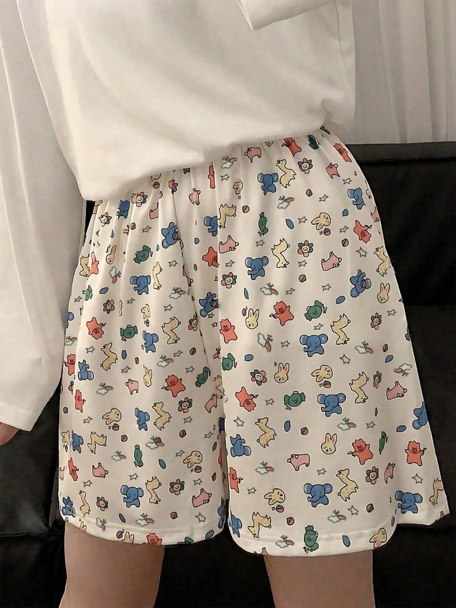1pc Women Cartoon Animal World Homewear Shorts Leisure Sleep Shorts, Also Can Be Worn Outside