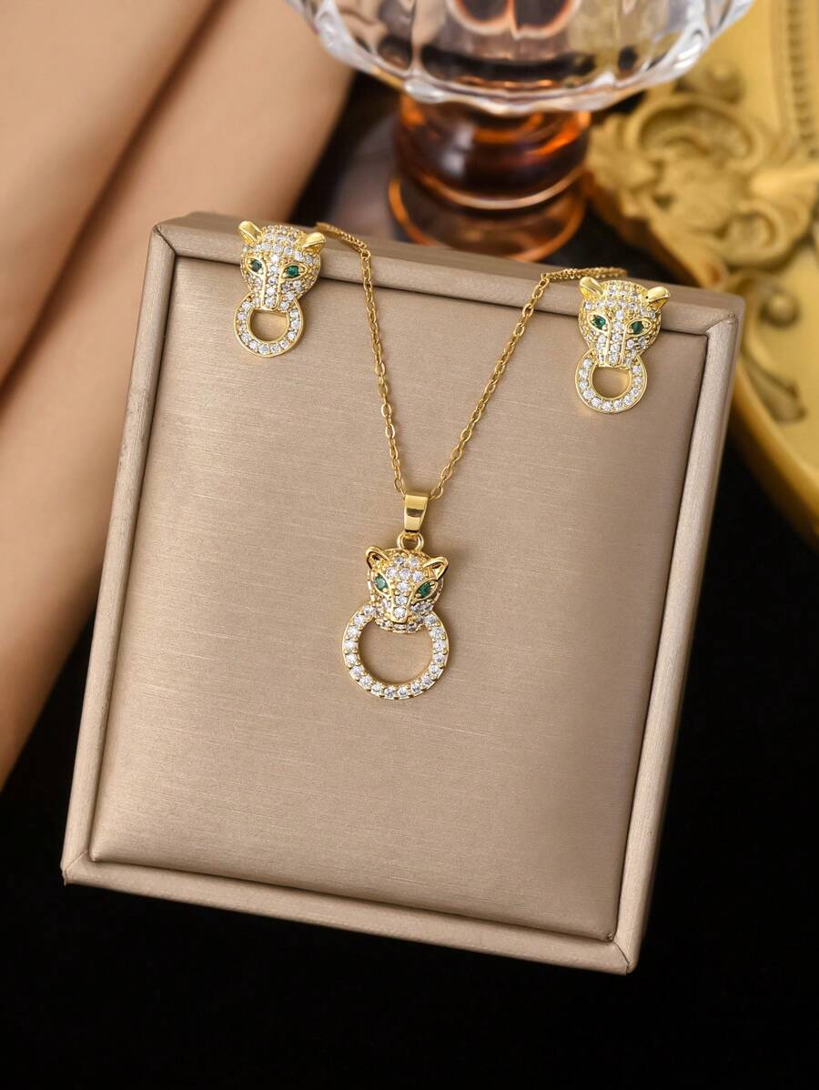 1 Set Stainless Steel Leopard Head Women's Jewelry Set, Creative Design Luxury Retro Style Elegant Classic Fashion Casual Suitable For Valentine's Day, Ramadan, Holiday Gifts, Daily Wear, Party, Festival (OPP Bag Packaging Box Only For Shooting)