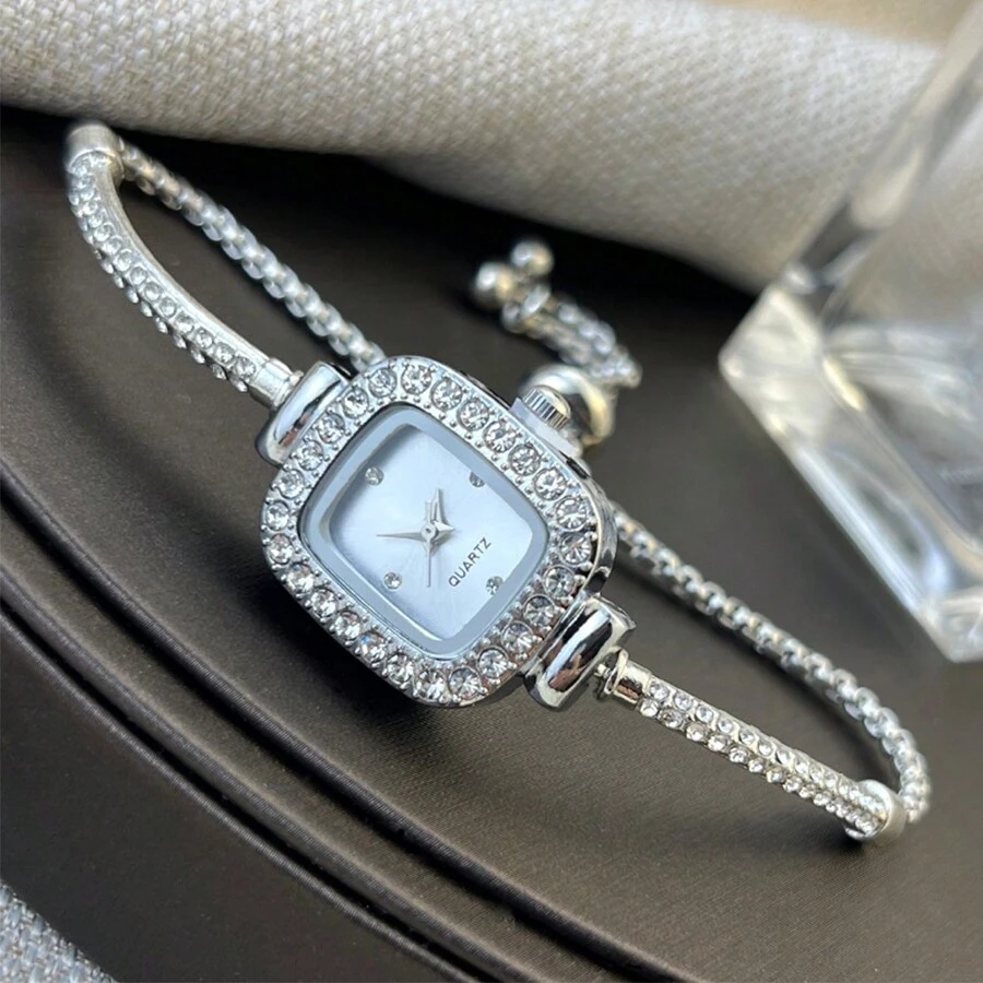 Pulsera con incrustaciones de cristal brillante y reloj de pulsera cuadrado pequeño de lujo para mujer, perfecto como regalo para estudiantes que regresan a la escuela