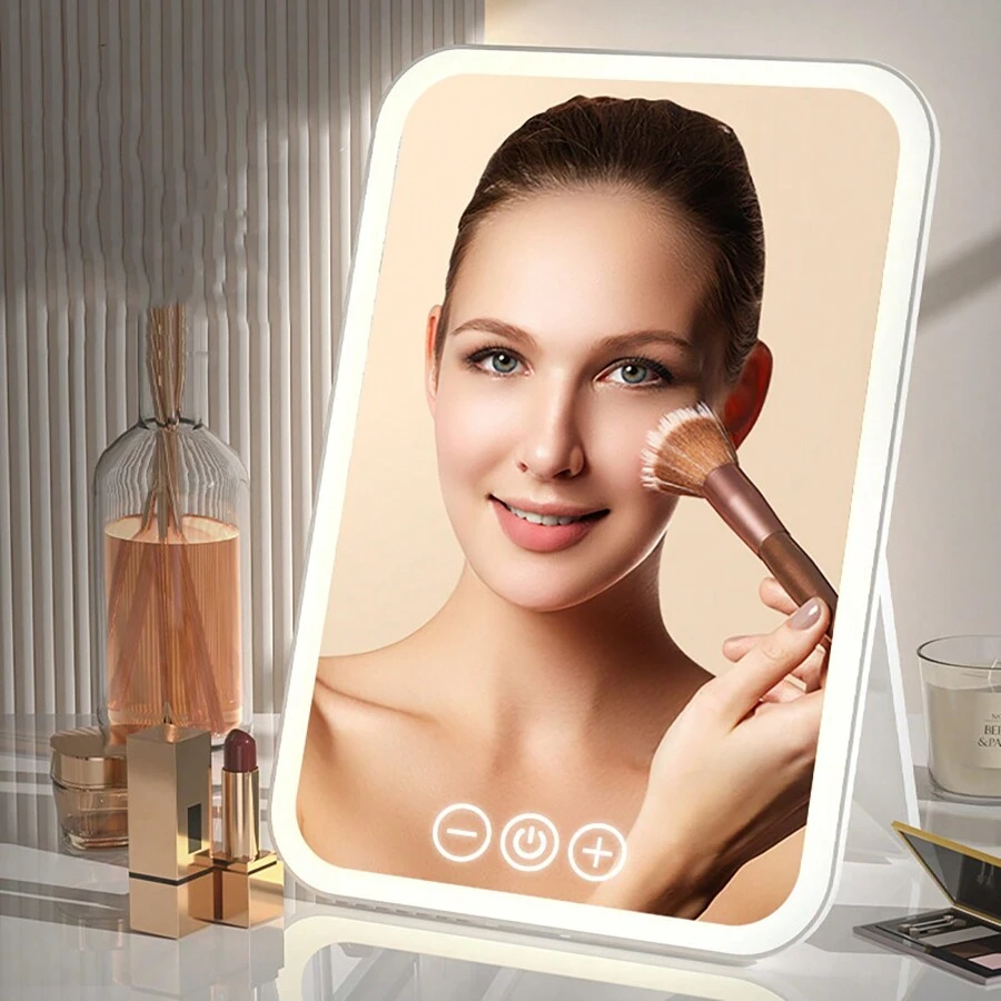 Miroir de maquillage éclairé par LED, miroir de beauté portatif illuminé avec 3 couleurs d'éclairage et luminosité réglable à écran tactile, miroir de vanité de bureau pliable à LED avec batteries rechargeables, meilleur cadeau pour voyager
