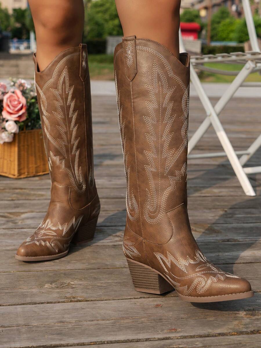 Women's Fashionable Slip-On Solid Color Wedge Heel Boots With Embroidered Flowers