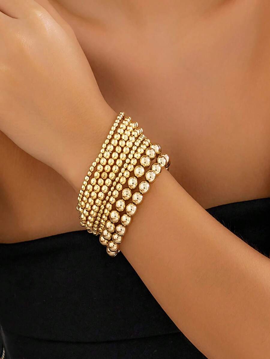 Conjunto de 7 pulseiras de moda feminina, pulseira de contas feita à mão com contas de ouro CCB e cordão elástico