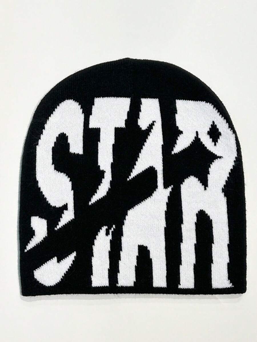 1pc Knitted Star Pattern Hat With Letter Design, Unisex Warm Beanie Made Of Acrylic Fiber, For Casual Outing In Cold Weather