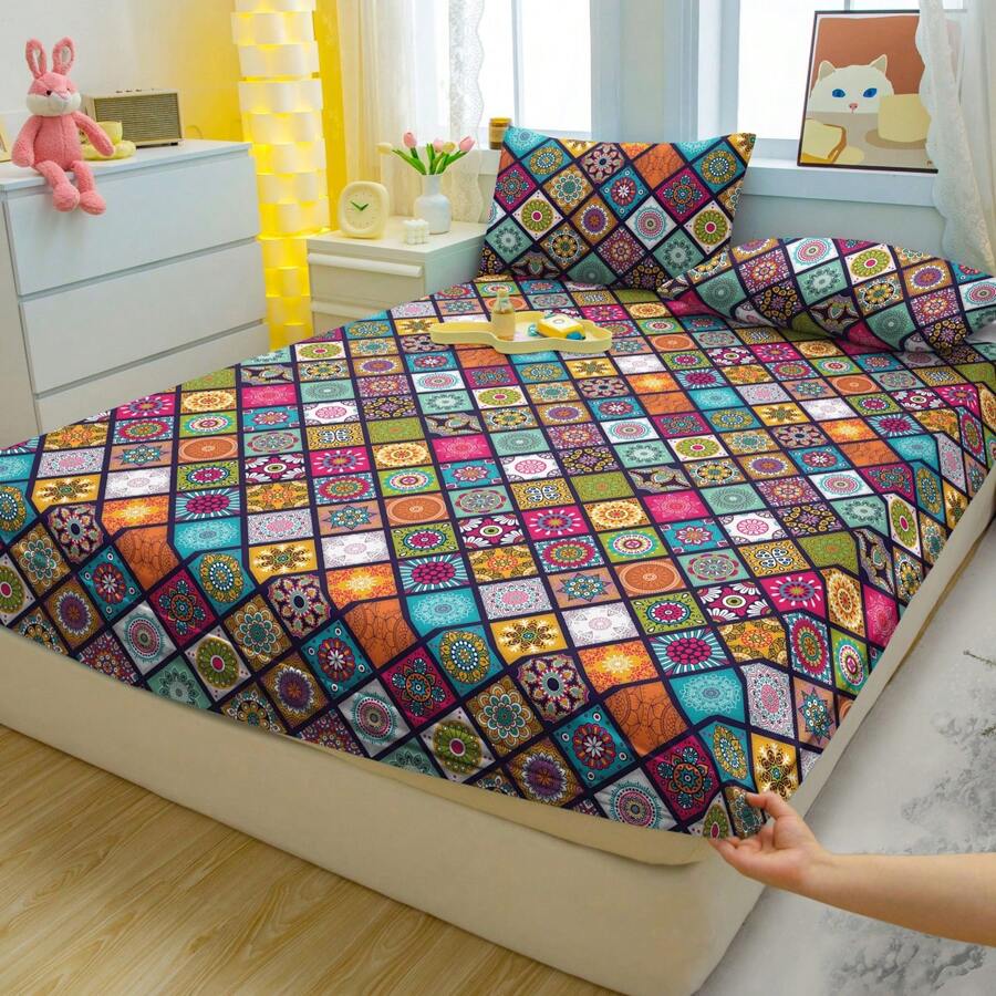 Ensemble de literie moderne à motif bohème de 3 pièces - Ensemble de draps et de couvre-lits doux et confortables pour la chambre à coucher, la chambre d'amis et le dortoir (comprenant 1 drap housse et 2 taies d'oreiller)