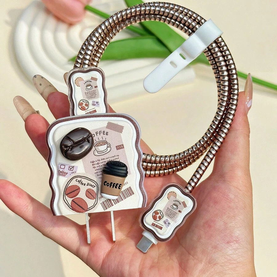 5pcs 3D Cartoon Coffee Design 1.5M Data Cable Set With Anti-Break Protection, Compatible With Apple 13/14/15 Phones, 20W Charger & Protective Cover Cable Protector, Charger Protector