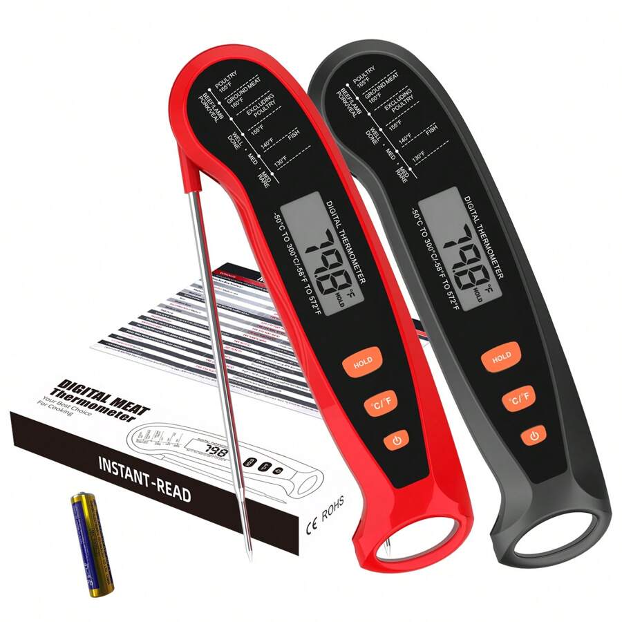 1 Stück faltbarer Handgriff BBQ Temperaturmesser, schnell und genau mit 3-5s Reaktionszeit, hergestellt aus ABS-Material und Edelstahlsonde, gesteuert durch einfachen Berührungsschalter, betrieben mit 7 Batterien, kompakt und tragbar mit faltbarer Sonde für Lagerung und einfachen Transport, Küche, Küchenartikel, Lebensmittel, Kochen, Camping, Urlaub, Strand, Raumdekoration, Organizer, Party, Reise.