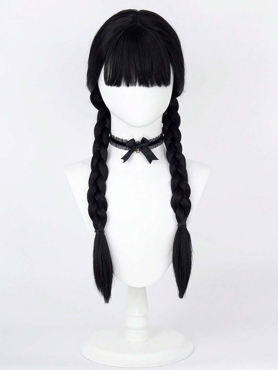 Peluca de trenzas largas y rectas de 26 pulgadas en color negro, hecha de fibra sintética resistente al calor, para niñas y mujeres, disfraz de Wednesday Addams para fiesta de Halloween
