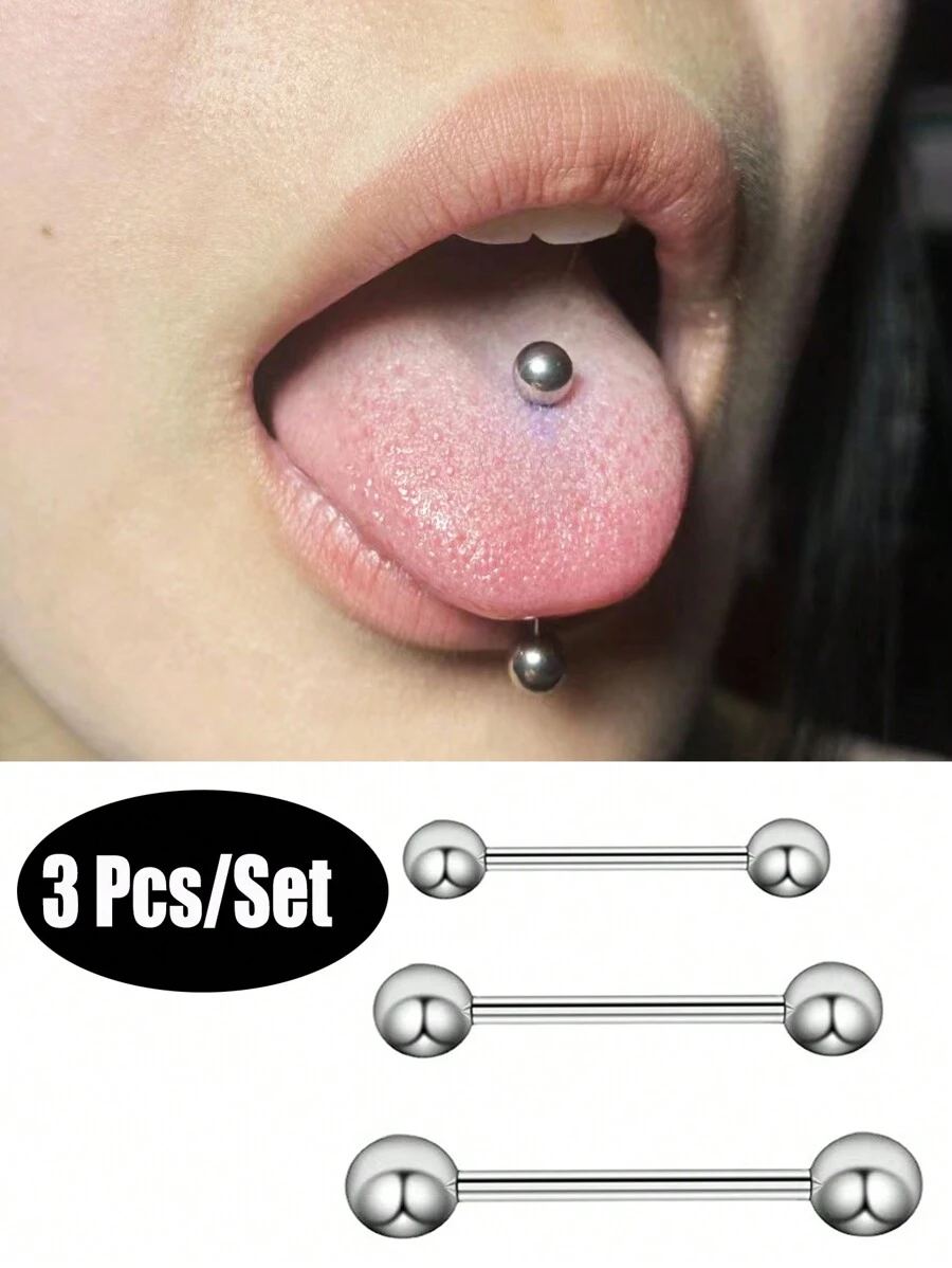 3pcs Fashionable Straight Barbell Tongue Rings With Double Round Balls Body Piercing Jewelry, Unisex