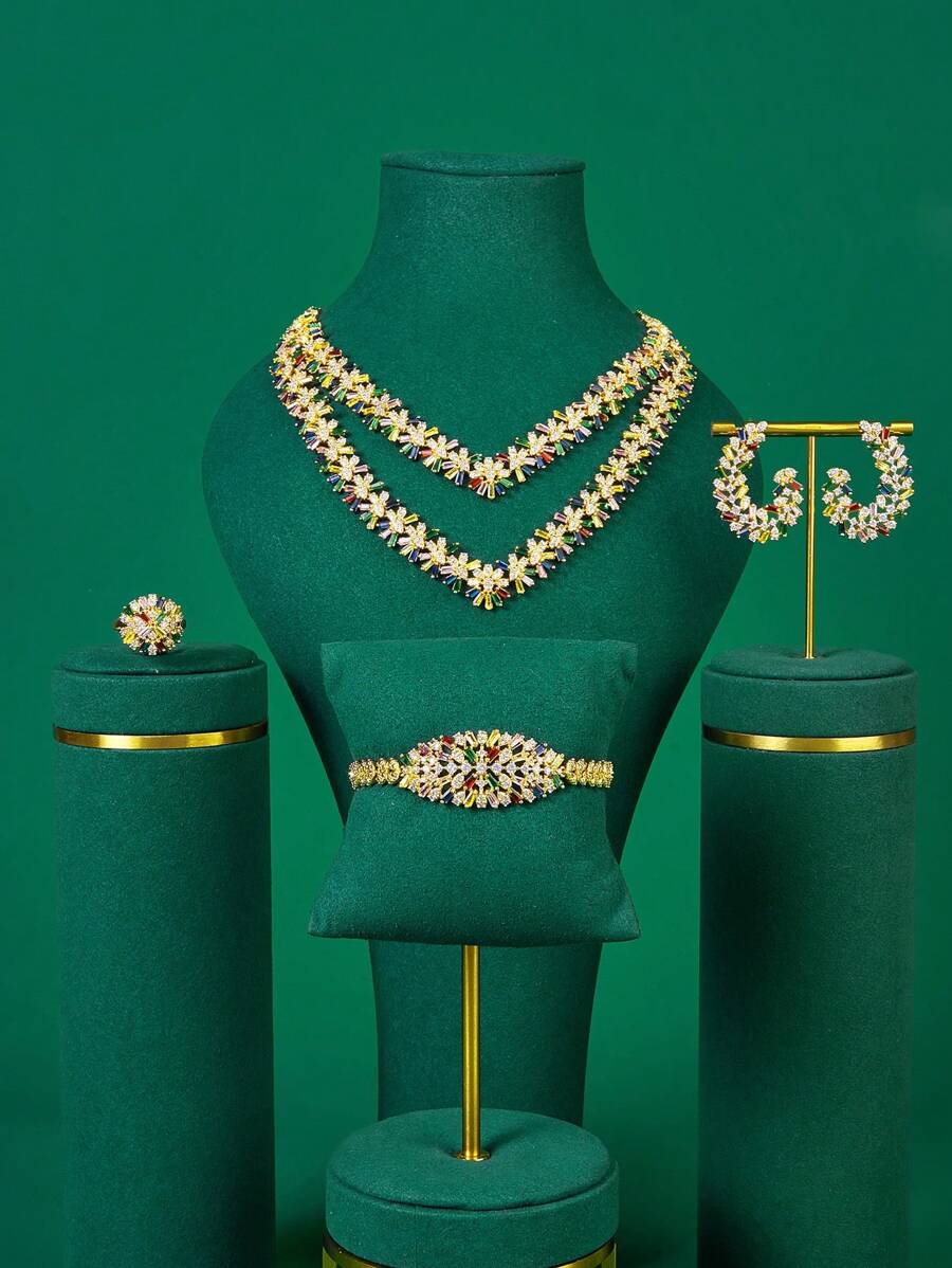Dubai Saudi Arabia Popular Cute Sweet Glamorous Luxury 4pcs Hand-Set Zirconia Jewelry Set, Adjustable Chain Necklace, Bracelet, Ring, Earrings, Daily Wear, Gift Options For Girlfriend, Friends, And Lovers, Bling-Bling Accessory For Banquet, Party And Wedding Dresses.