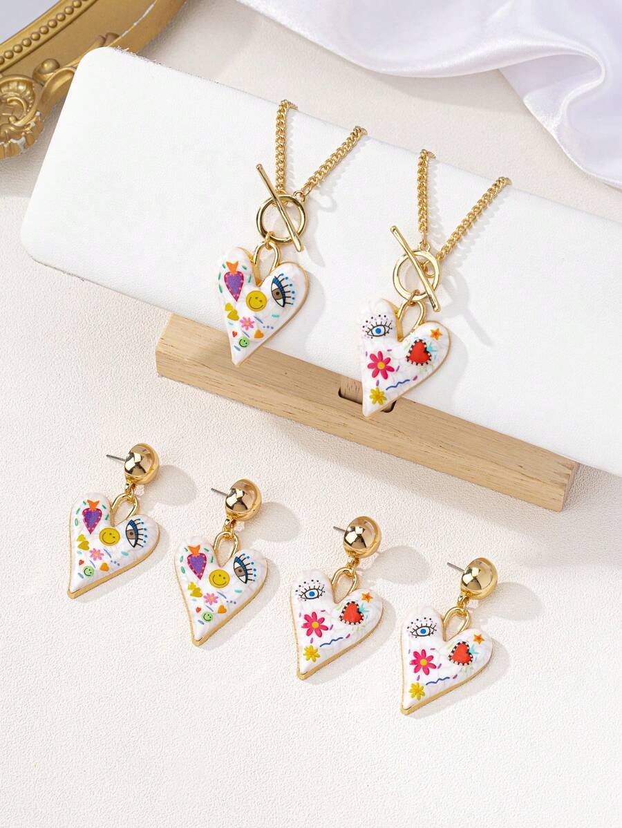 Women Heart Shape Evil Eye Chain Gold Necklace Valentines Earring Valentine Mother Day Jewelry Set