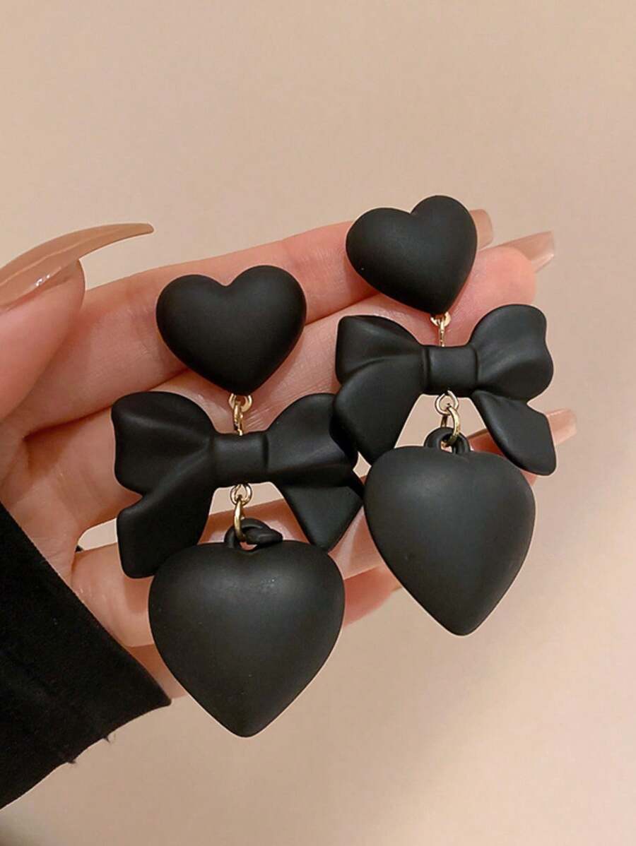 Brincos longos com pingente de coração em forma de laço preto acrílico, moda vintage, elegante, personalizado, acessórios para festa de casamento para mulheres e meninas, joias para namorados, mãe, dia das mães, presente