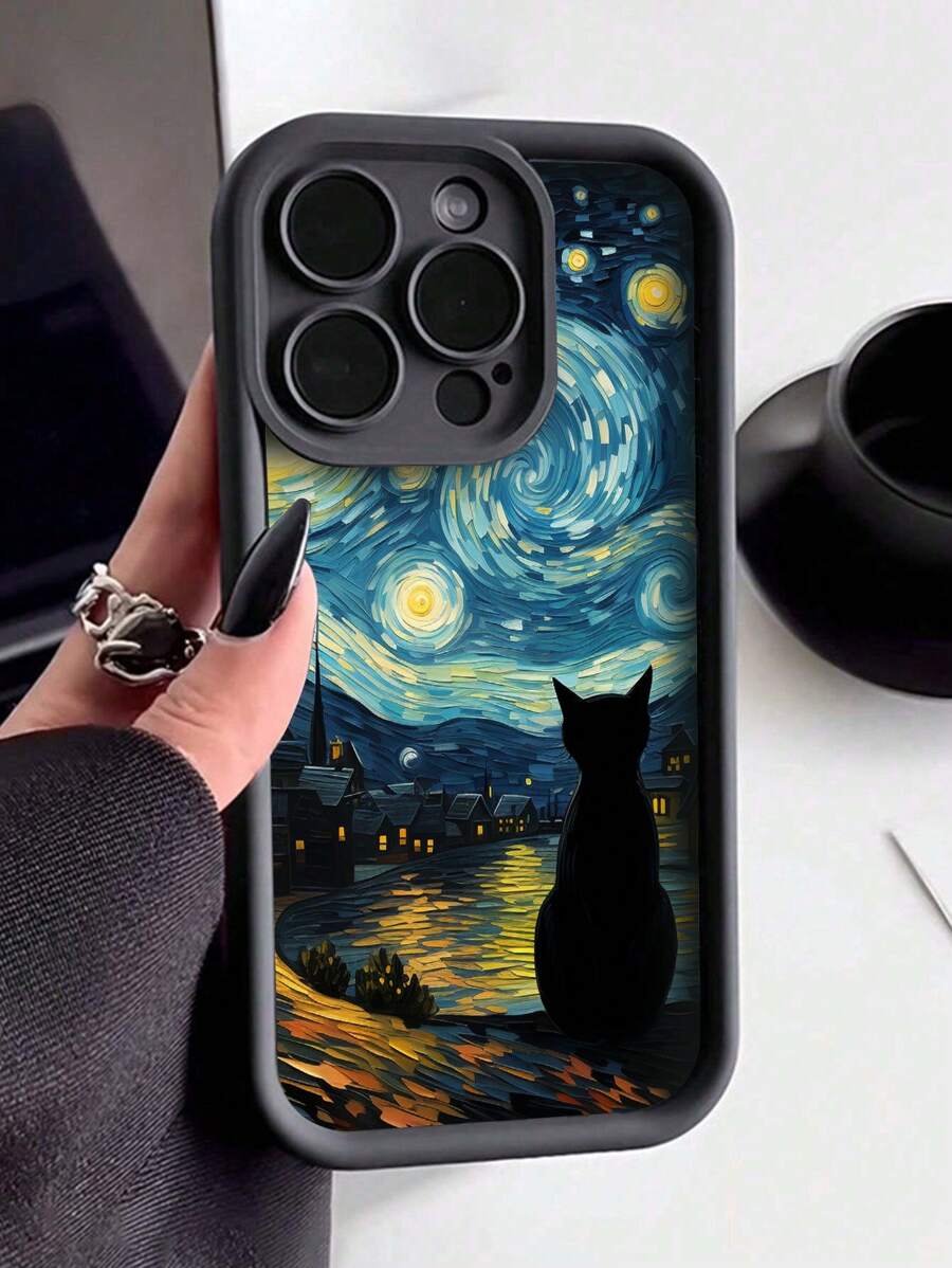 1pc Fashionable Thickened Shockproof Oil Painting Starry Night & Cat Pattern Phone Case, Compatible With Apple