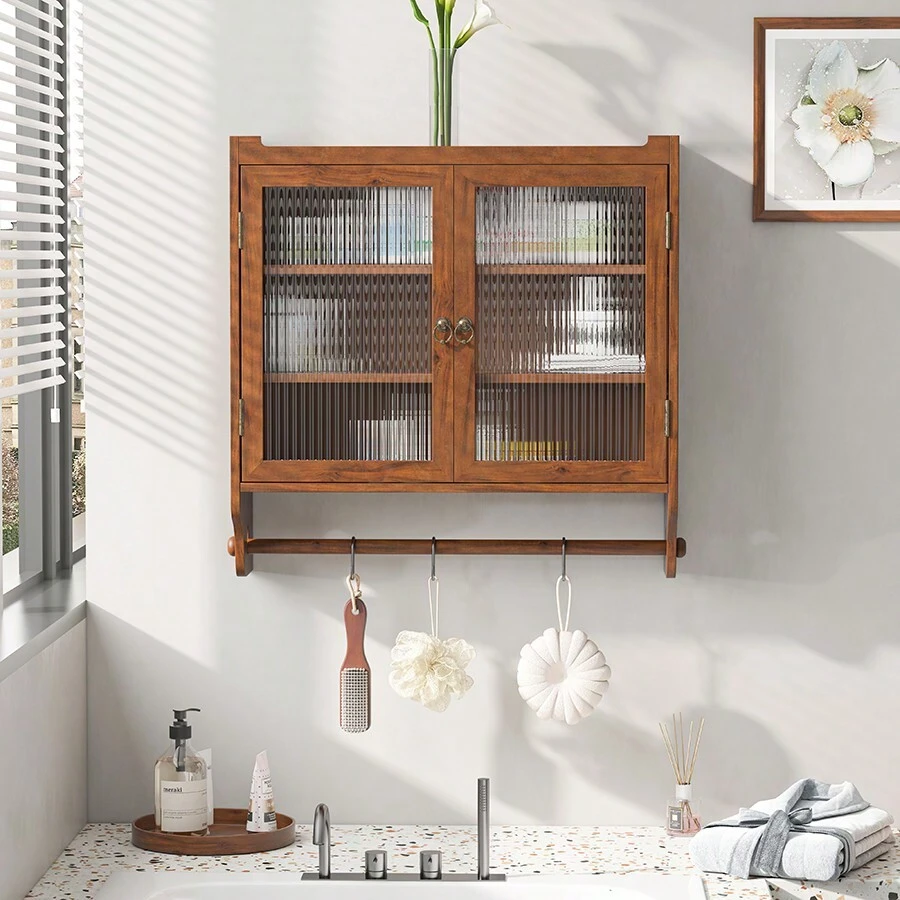 24.8"Glass Door Vintage Double Door Wall Cabinet With Three Tiers Of Storage With Towel Rack, For Bathroom, Kitchen,Dining Room,Brown