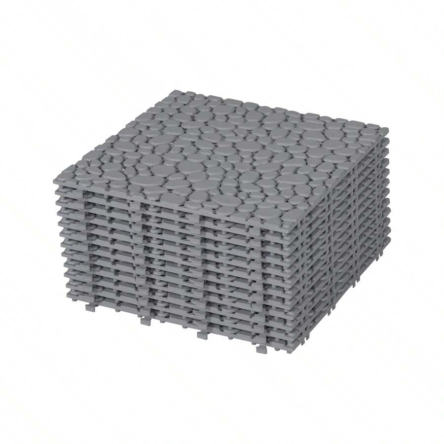 FKZNPJ 12 X 12 Inch Gray Interlocking Deck Tiles Plastic Waterproof Outdoor All Weather Anti-Slip Bathroom Shower Balcony Porch Strong Weight Capacity Upto 440 LBS, Pebble Stone Pattern Pack Of 12