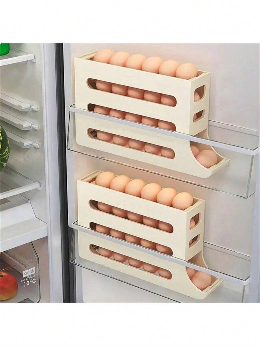 1 pièce Stockage d'œufs innovant, une solution pour votre plan de travail de cuisine. Avec un support à œufs de réfrigérateur à coulisse à quatre niveaux et un dispositif de roulement automatique des œufs sur la porte latérale du réfrigérateur.