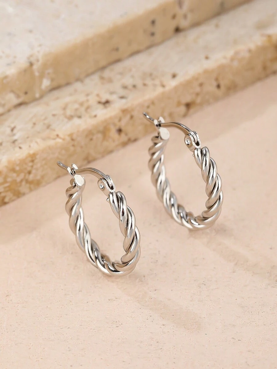 1pair Fashionable Round Twisted Stainless Steel Hoop Earrings, Suitable For Women's Daily Wear