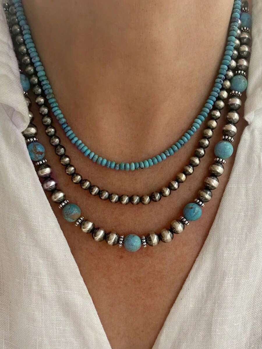Set de 3 collares hechos a mano con cuentas, estilo vintage occidental y campestre, de turquesa, multicapa, joyería versátil como regalo
