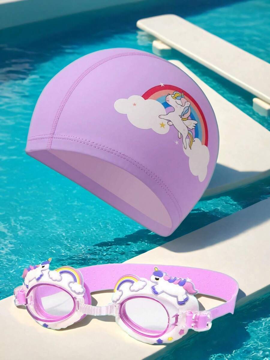 2 Stücke niedliche Cartoon Badekappen und Schwimmbrillen Kombination, hochauflösende verstellbare Silikon Kinder Schwimmbrillen, PU-Material Kinder Badekappen, geeignet für Mädchen Schwimmausrüstung, ideale Wahl für Sommergeschenke für Kinder