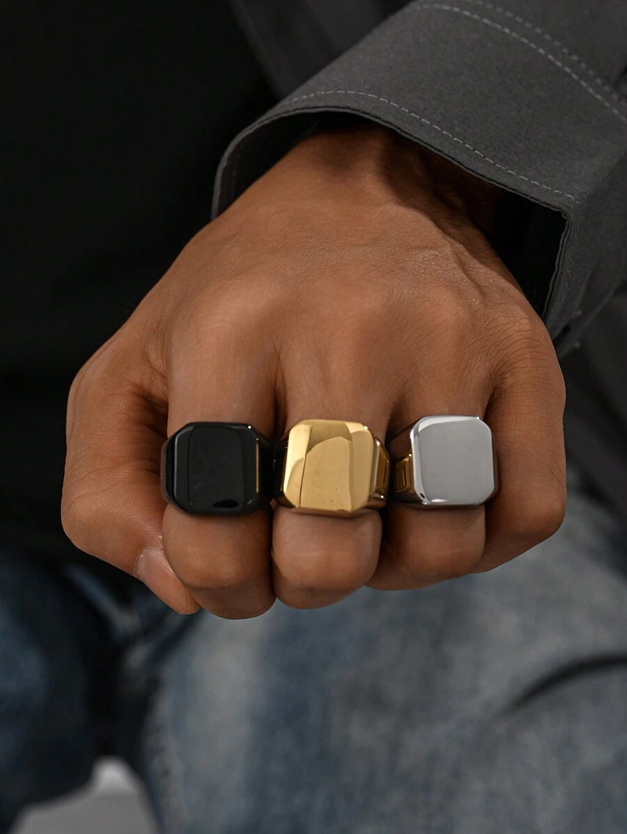 1pc Stainless Steel 18K Gold Plated Retro Business Square Smooth Surface Men's Rings Summer Jewelry