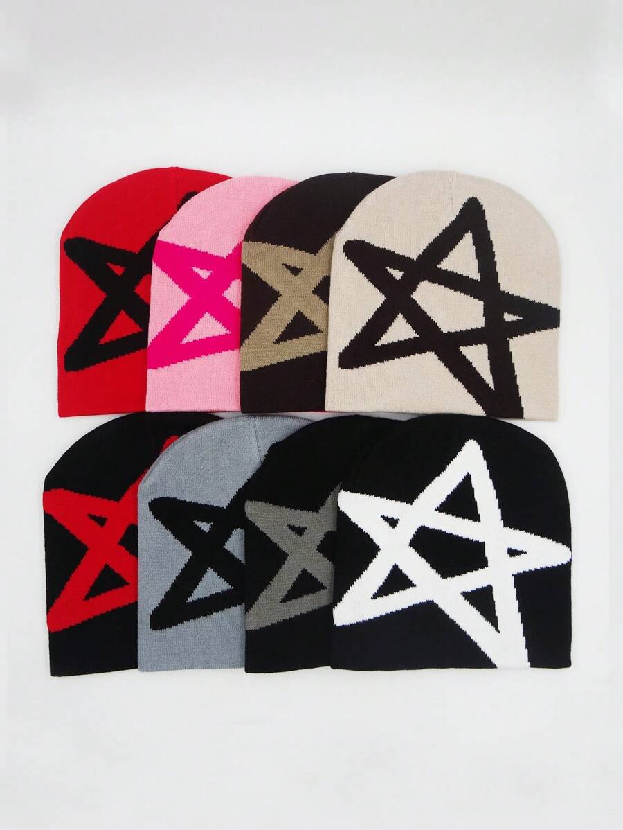Pentagram Jacquard Knit Hat, Unisex Winter Warm Knitted Hat, SunnyFine Fiber Material, Knitted Hat For Casual And Cold Weather